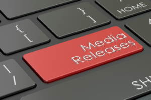 media releases button, red key on keyboard. 3D rendering