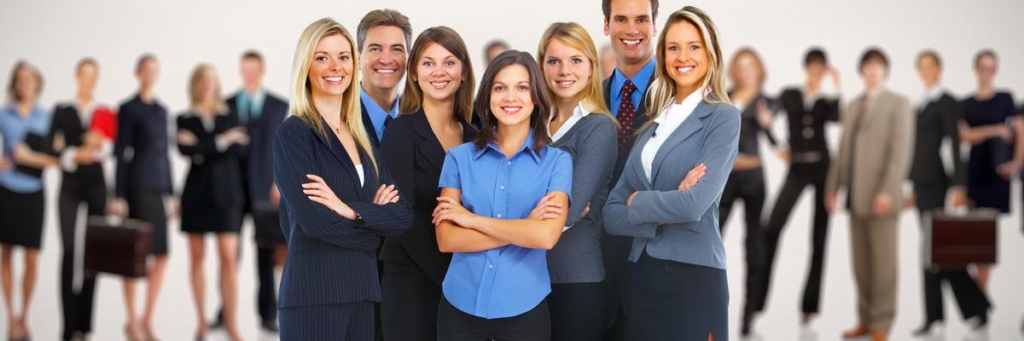 Group of smiling business people over people group background.